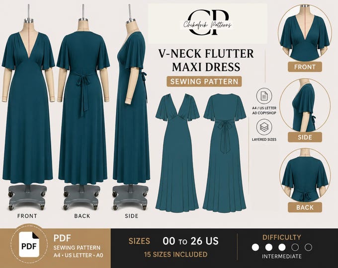V-Neck Flutter Sleeve Maxi Dress Sewing Pattern (PDF Download), Elegant Gown, 15 Sizes