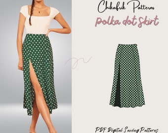 Polka dot skirt pattern|Side slit skirt pattern|women skirt sewing pattern| midi slit skirt pattern| Skirt pdf sewing pattern 15 sizes