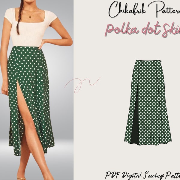 Modello gonna a pois/modello gonna con spacco laterale/modello di cucito gonna da donna/modello di gonna con spacco midi/modello di cucitura gonna pdf 15 taglie