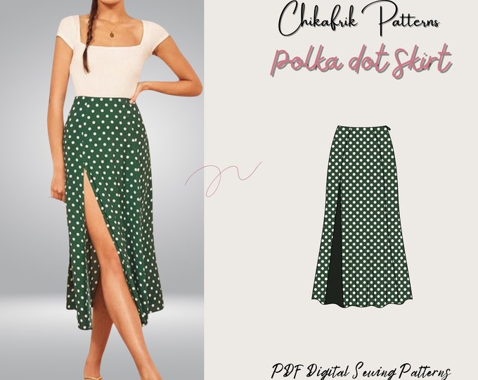 Polka dot skirt pattern|Side slit skirt pattern|women skirt sewing pattern| midi slit skirt pattern| Skirt pdf sewing pattern 15 sizes