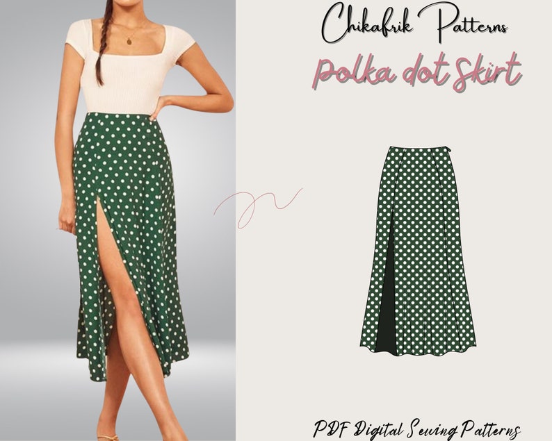 May include: A green polka dot skirt with a high slit, paired with a white top. The skirt design is also shown as a flat illustration. Text on the image reads "Chikafrik Patterns Polka dot skirt" and "PDF Digital Sewing Patterns."