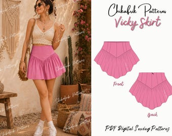 Vicky Skirt Sewing Pattern PDF – Boho Mini Skirt with V-Waist Yoke | Women's Flowy Ruffle Skirt | Digital Sewing Pattern