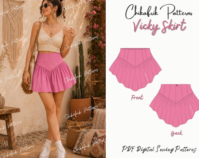 Vicky Skirt Sewing Pattern PDF – Boho Mini Skirt with V-Waist Yoke | Women's Flowy Ruffle Skirt | Digital Sewing Pattern