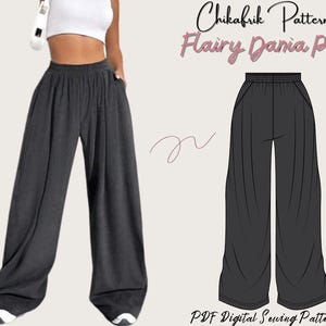 Könnte beinhalten: Ein digitales Schnittmuster für eine weite Hose namens "Flairy Dania Pant" von Chikafrik Patterns. Das Schnittmuster ist als PDF-Download erhältlich.