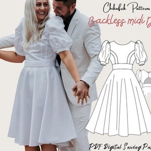 Midi backless dress pattern|puff sleeve dress pattern women sewing pattern|midi dress sewing pattern|wedding dress prom dress formal dress