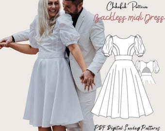 Puff Sleeve Backless Midi Dress Sewing Pattern (PDF Download)