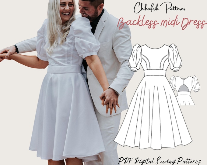 Midi backless dress pattern|puff sleeve dress pattern women sewing pattern|midi dress sewing pattern|wedding dress prom dress formal dress