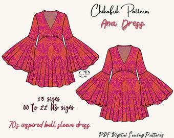 Patrón de vestido de Ana/Mini vestido de manga campana de vaina Patrón de vestido inspirado en los años 70/patrón de mini vestido/patrón de costura de vestido de mujer/patrón PDF12 tamaño