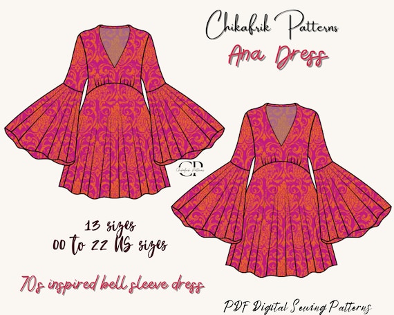 70s mini dress pattern 70s Mini Dress Sewing Pattern | Bell Sleeve Sheath (PDF Pattern)