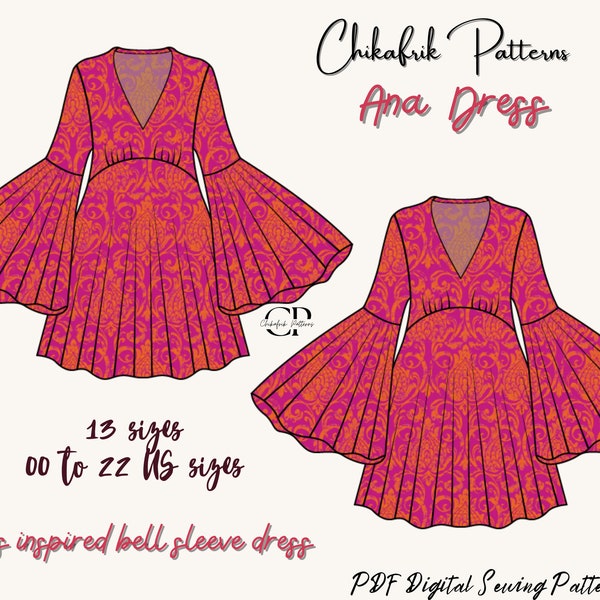 Ana dress pattern|Sheath Bell Sleeve Mini Dress 70s inspired dress pattern|mini dress pattern|women dress sewing pattern|PDF pattern 15 size
