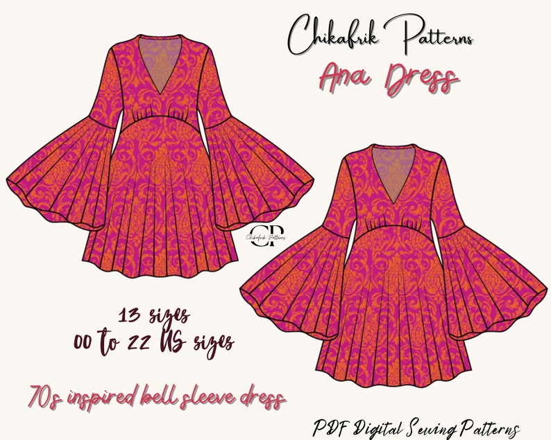 Patron de robe AnaMini robe fourreau à manches cloche d'inspiration années 70Patron de mini robePatron de couture de robe pour femmePatron PDF taille 15 image 1