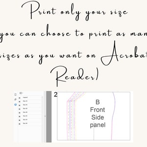 May include: A screenshot of a computer screen showing a PDF document with multiple sizes of a pattern for a garment. The text on the screen says "Print only your size (you can choose to print as many sizes as you want on Acrobat Reader)". The pattern is labeled "B Front Side panel".