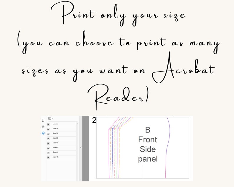 May include: A screenshot of a computer screen showing a PDF document with multiple sizes of a pattern for a garment. The text on the screen says "Print only your size (you can choose to print as many sizes as you want on Acrobat Reader)". The pattern is labeled "B Front Side panel".