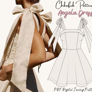 Puede incluir: Un patrón de costura digital para un vestido con un corpiño ajustado y una falda completa. El vestido tiene tirantes que se atan en lazos en los hombros. El patrón se llama "Angela Dress" y es de Chikafrik Patterns.