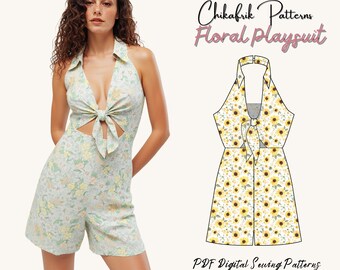 Floral Jumpsuit Sewing Pattern: Women's Bow Tie Playsuit (PDF Pattern, 15 Sizes)