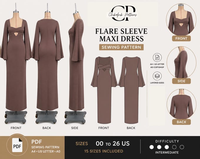 Sofi Flare Sleeve Maxi Dress Sewing Pattern, Fitted Gown, Cut Out Waist (PDF)