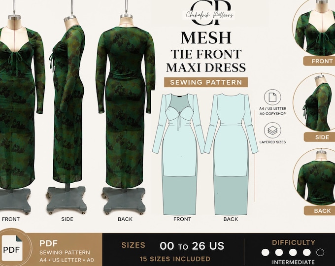 Mesh Tie Front Maxi Dress Sewing Pattern PDF, Sheer Long Sleeve Bodycon Dress Pattern, Ruched Front Evening Dress, Sizes 00-26 US