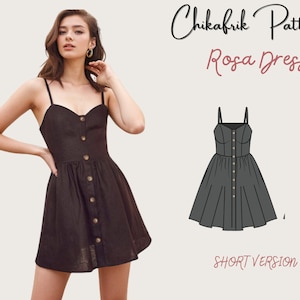 Patrón de vestido/Patrón de vestido abotonado/Patrón de costura PDF/15 tamaños/Patrón de vestido de verano mini y midi/Carta de EE. UU./A4/A0/Patrón de costura