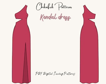 Kendal One-Shoulder Slit Maxi Dress Sewing Pattern: Cutout Waist (PDF Pattern)