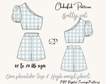 Betty Set| high waistshort pattern & one shoulder top pattern|bundle set pattern|pdf sewing pattern|women sewing pattern 10 sizes XXS to XXL