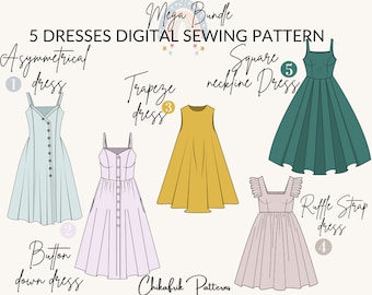 Dress pattern mega bundle 5 dress|asymmetrical dress+Button down dress+Trapeze dress+Ruffle strap dress+Square neckline dress|sewing pattern