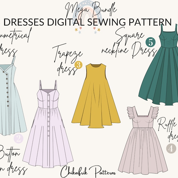 Dress pattern mega bundle 5 dress|asymmetrical dress+Button down dress+Trapeze dress+Ruffle strap dress+Square neckline dress|sewing pattern