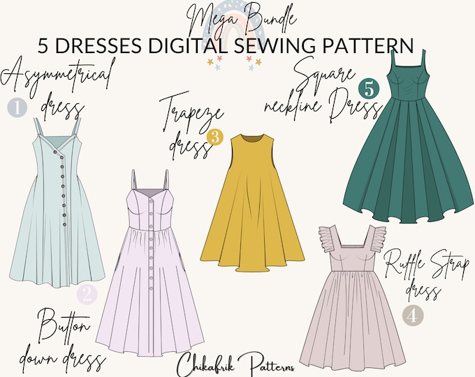 Dress pattern mega bundle 5 dress|asymmetrical dress+Button down dress+Trapeze dress+Ruffle strap dress+Square neckline dress|sewing pattern