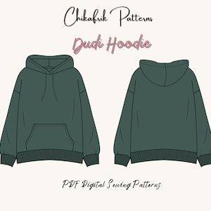 May include: A digital sewing pattern for a hooded sweatshirt. The pattern is for a dark green hoodie with a pouch pocket. The text "Dudi Hoodie" is written in pink on a white background.