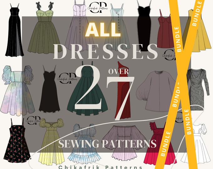 27 dresses sewing pattern bundle|women dress sewing pattern|PDF sewing pattern|Unlimited access to future dress sewing pattern