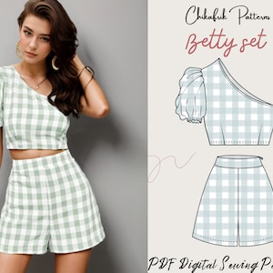 Betty Set| high waistshort pattern & one shoulder top pattern|bundle set pattern|pdf sewing pattern|women sewing pattern 10 sizes XXS to XXL