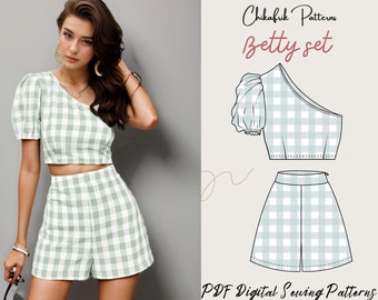 Betty Set/ patrón de cintura alta y top de un hombro/patrón de conjunto de paquete/patrón de costura pdf/patrón de costura de mujer 10 tallas XXS a XXL