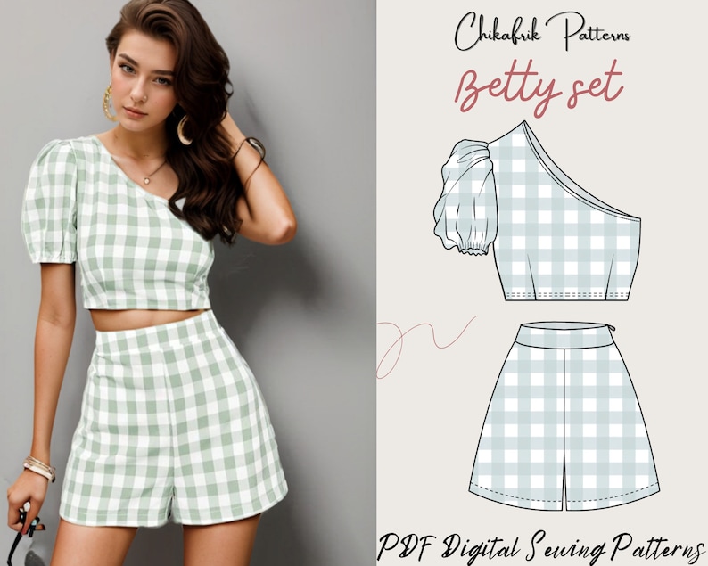 Betty Set high waistshort pattern & one shoulder top patternbundle set patternpdf sewing patternwomen sewing pattern 10 sizes XXS to XXL image 1