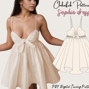 May include: A cream Sophie dress with spaghetti straps and a bow detail at the bust. The dress has a flared skirt and is shown on a person. The image also includes the text "Chikafrik Patterns Sophie dress" and "PDF Digital Sewing Patterns."