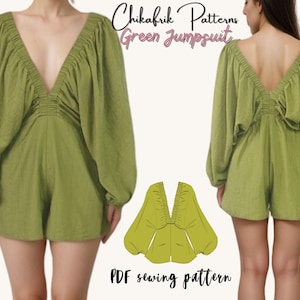 Puede incluir: Un patrón de costura de mono verde con un escote en V profundo y mangas largas y anchas. El patrón incluye una vista frontal y posterior del mono, así como un primer plano del escote. El texto "Chikafrik Patterns Green Jumpsuit" está escrito en rosa en la parte superior de la imagen. El texto "PDF sewing pattern" está escrito en negro en la parte inferior de la imagen.