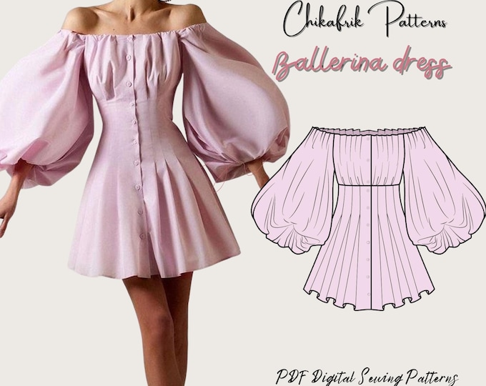 Ballerina dress pattern|off shoulder puff sleeve dress sewing pattern|women dress sewing pattern|puffy sleeve dress pattern|13 sizes pattern