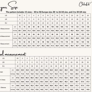 May include: A size chart for a sewing pattern with measurements in inches and centimeters. The chart includes bust, waist, and hip measurements for sizes 00 to 26 US, 2 to 30 UK, and 30 to 58 EU.