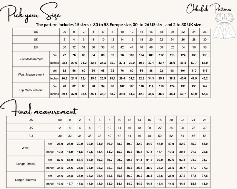 May include: A size chart for a sewing pattern with measurements in inches and centimeters. The chart includes bust, waist, and hip measurements for sizes 00 to 26 US, 2 to 30 UK, and 30 to 58 EU.