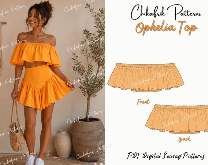Ophelia Off Shoulder Ruffle Crop Top Sewing Pattern PDF Women|Boho Ruffle Top Pattern|Summer Bandeau Blouse PDF summer top pattern 15sizes