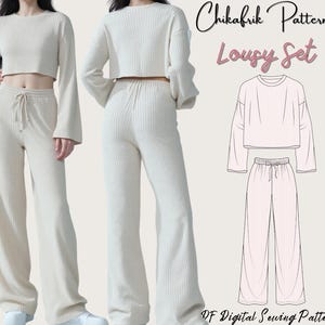 Loungewear Sewing Pattern: Women&#39;s Crop Top & Wide Leg Pants (PDF Pattern, Sizes 00-26 US )