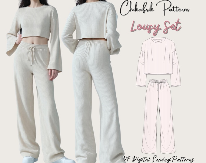 Lousy set pattern|Casual Lougewear women sewing pattern|2 Piece Set pattern Long Sleeve Cropped Top Loose Wide Leg Pant Home Wear pattern