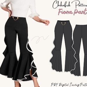 May include: A digital sewing pattern for a pair of black pants with a ruffle detail at the bottom. The pattern is called "Fiona Pant" and is from Chikafrik Patterns. The pattern is available as a PDF download.