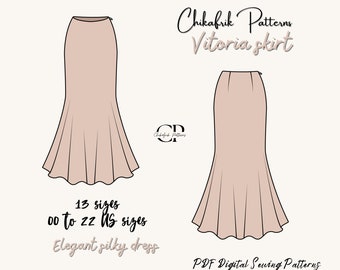 Modèle de jupe longue sati | Patron de jupe trapèze|Patron de jupe midi en soie|Patron de couture de jupe en satin|Jupe midi coupée en biais Patron de couture PDF