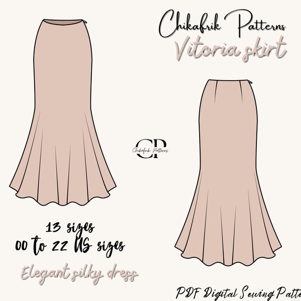 Modèle de jupe longue sati | Patron de jupe trapèze|Patron de jupe midi en soie|Patron de couture de jupe en satin|Jupe midi coupée en biais Patron de couture PDF