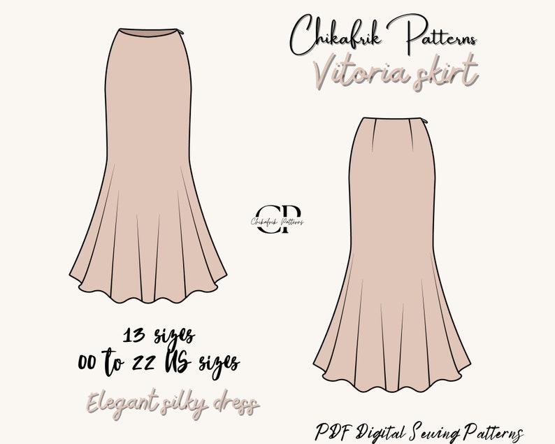 May include: A digital sewing pattern for a Vitoria skirt, a long, flowing skirt with a fitted waist and a flared hem. The pattern includes 13 sizes, from 00 to 22 US sizes. The pattern is for an elegant silky dress.