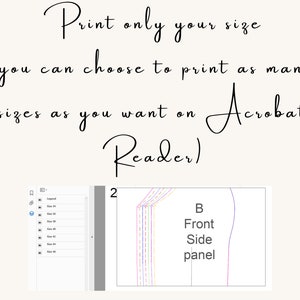 May include: A screenshot of a computer screen showing a PDF document with multiple sizes of a pattern for a garment. The pattern is labeled "B Front Side panel".