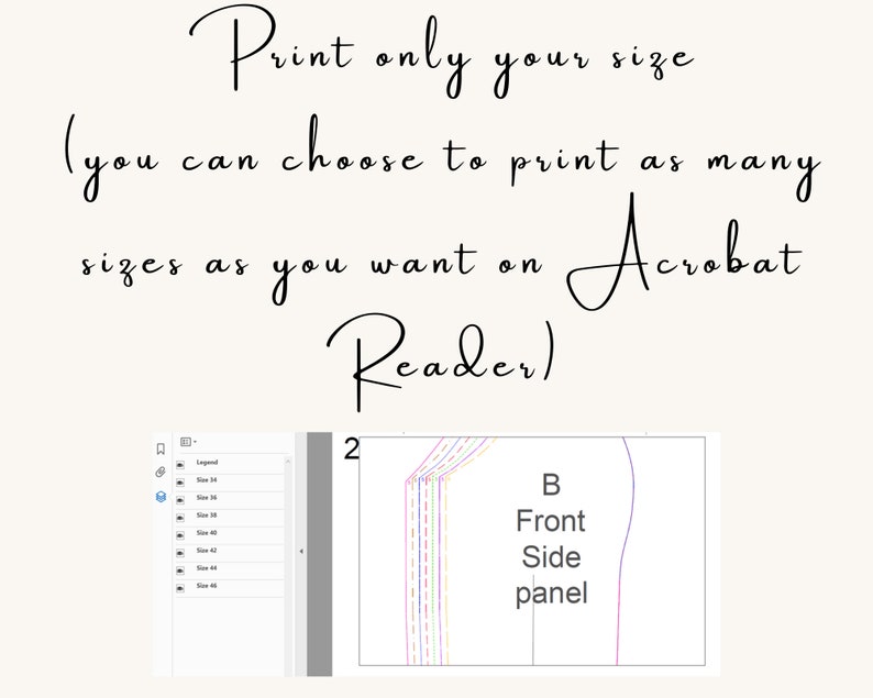 May include: A screenshot of a computer screen showing a PDF document with multiple sizes of a pattern for a garment. The pattern is labeled "B Front Side panel".