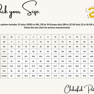 May include: A size chart for sewing patterns with measurements in inches and centimeters for bust, full hip, and waist. The chart includes sizes XXXS to 4XL, with corresponding US, UK, and EU sizes.
