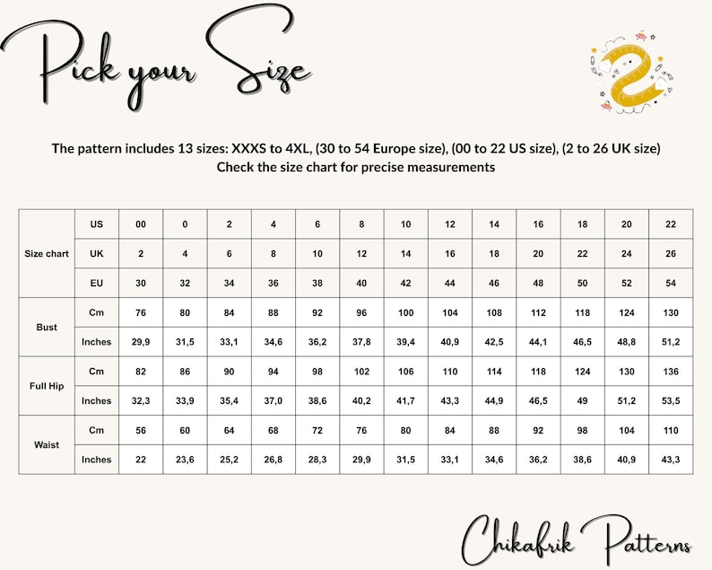 May include: A size chart for sewing patterns with measurements in inches and centimeters for bust, full hip, and waist. The chart includes sizes XXXS to 4XL, with corresponding US, UK, and EU sizes.