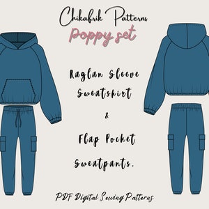 May include: A digital sewing pattern for a blue raglan sleeve sweatshirt and matching sweatpants with flap pockets. The pattern is called "Poppy Set" by Chikafrik Patterns.