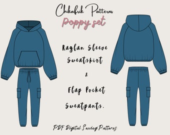Poppy Set Sewing Pattern: Raglan Hoodie & Flap Pocket Sweatpants (PDF Pattern)